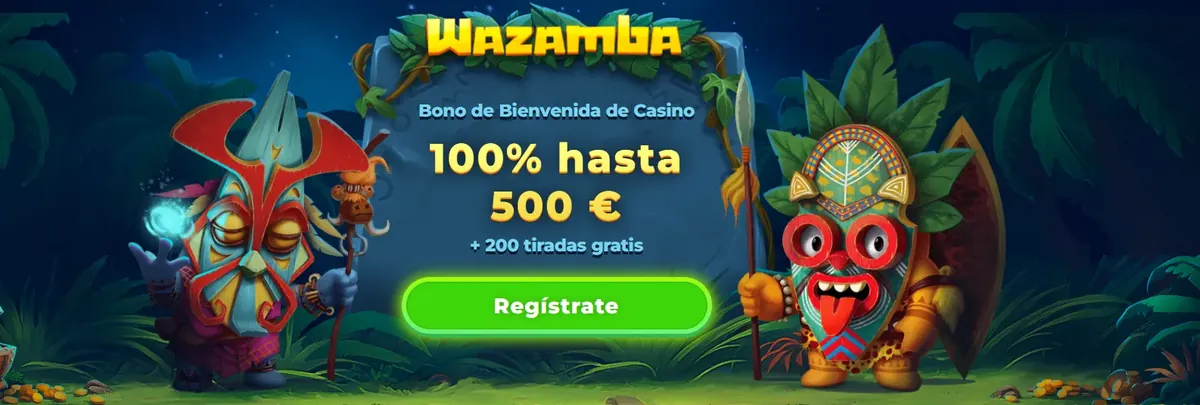 Banner del bono de bienvenida de Wazamba: 100% hasta 500 € y 200 tiradas gratis