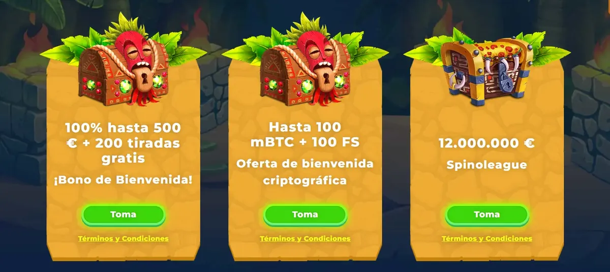 Página de promociones de Wazamba con el bono de bienvenida, la oferta en criptomonedas y Spinoleague