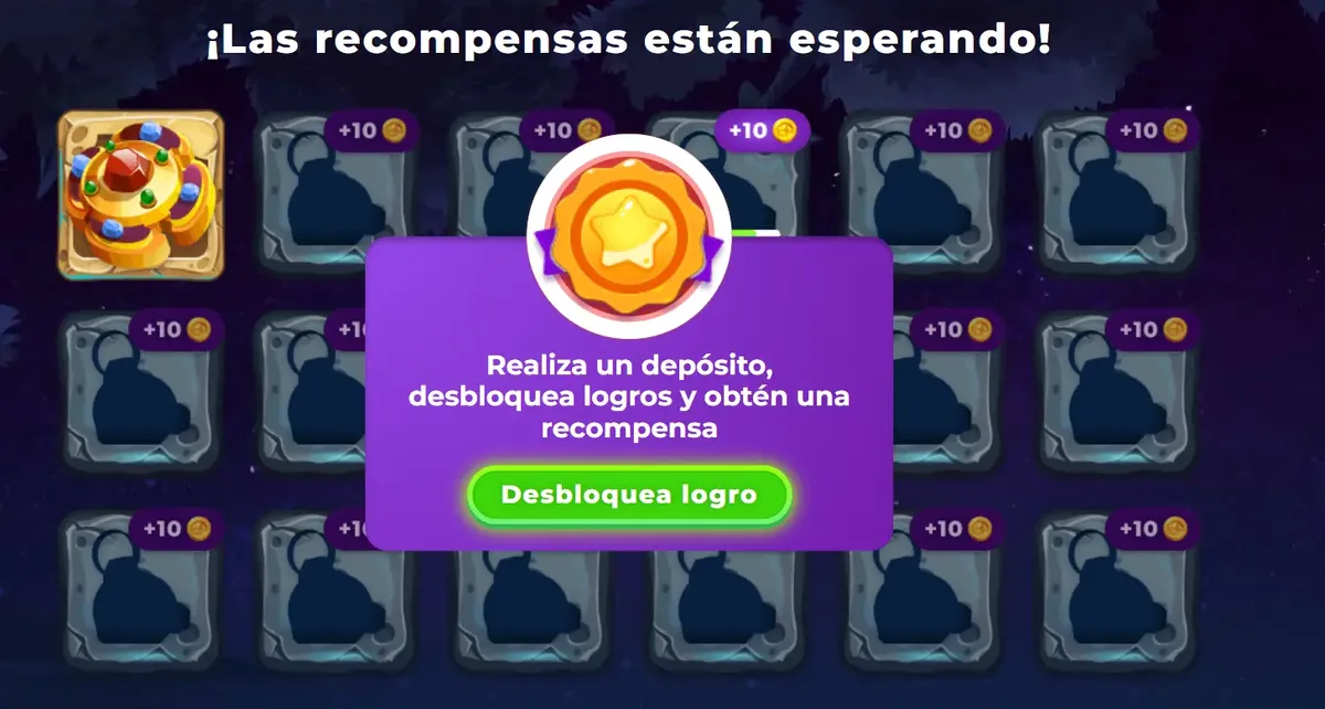 Panel de logros de Wazamba con las recompensas que se desbloquean al avanzar