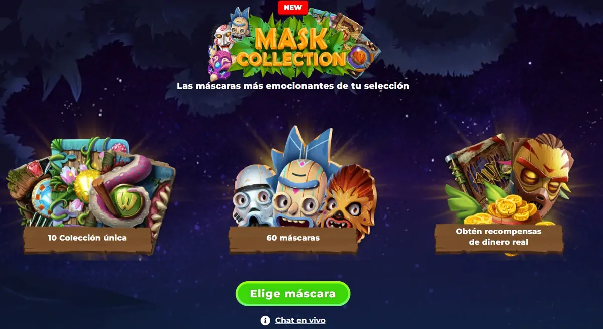 Sección Mask Collection de Wazamba con máscaras coleccionables y recompensas en dinero real