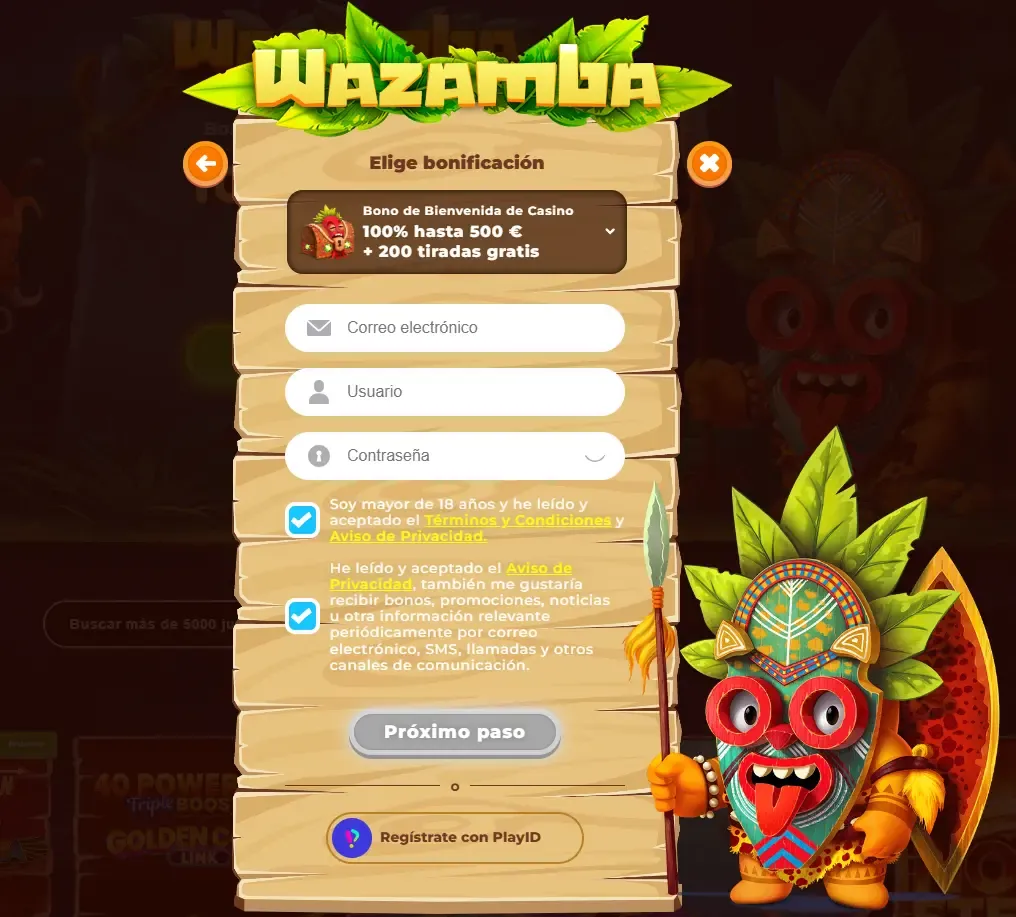 Formulario de registro de Wazamba con el selector del bono de bienvenida